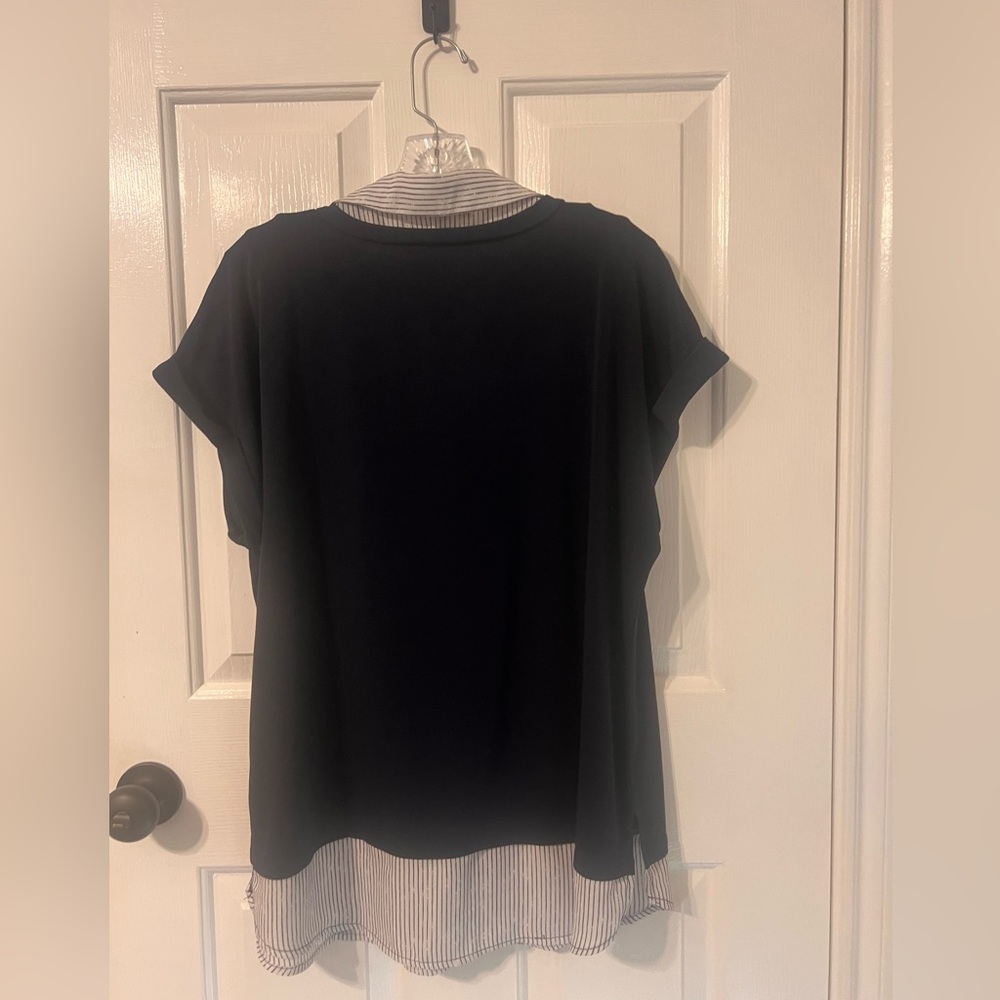 Adrianna Papell Navy Layered V-Neck Blouse Sz L - Picture 2 of 5
